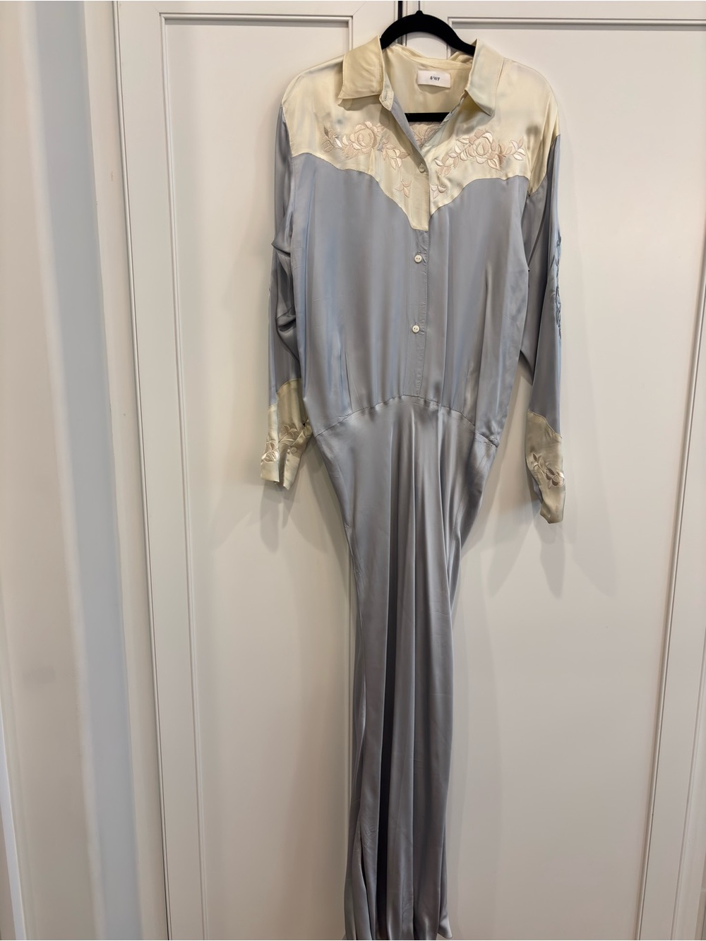 Long Sleeve Satin Maxi Dress with Contrast Yoke